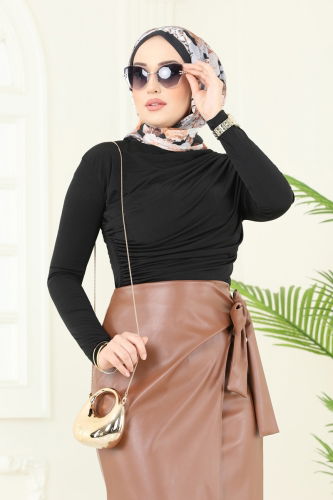 moda selvim Drapeli Tesettür Bluz 4725AYD574 Siyah - Thumbnail