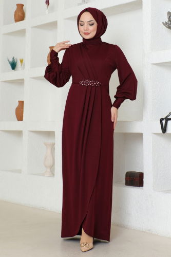 moda selvim Drapeli Tesettür Elbise ASM2723 Bordo - Thumbnail