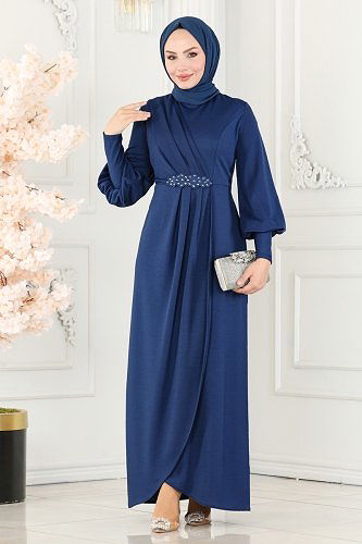 moda selvim Drapeli Tesettür Elbise ASM2723 İndigo - Thumbnail