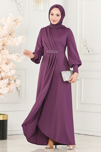 moda selvim Drapeli Tesettür Elbise ASM2723 Lila - Thumbnail