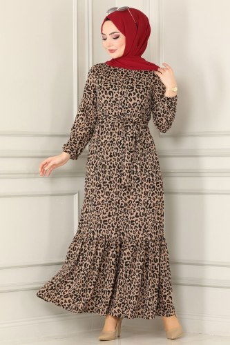 moda selvim 0011YNS793 نقش الفهد فستان - Thumbnail