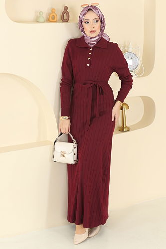 moda selvim Dress 0012MT581 Light Burgundy - Thumbnail