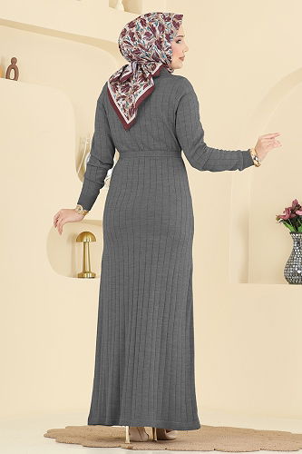 moda selvim الفستان رمادي غامق 0012MT581 - Thumbnail