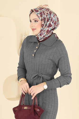 moda selvim الفستان رمادي غامق 0012MT581 - Thumbnail
