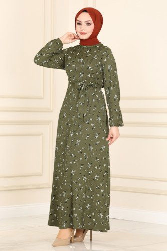 moda selvim Dress 0013-1YNS793 Pattern 1 Khaki - Thumbnail
