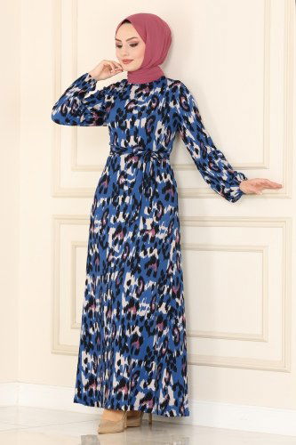 moda selvim 0013-1YNS793 النمط 2 النيلي فستان - Thumbnail