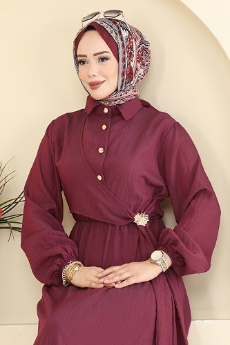 moda selvim Dress 001NZA1199 Burgundy - Thumbnail