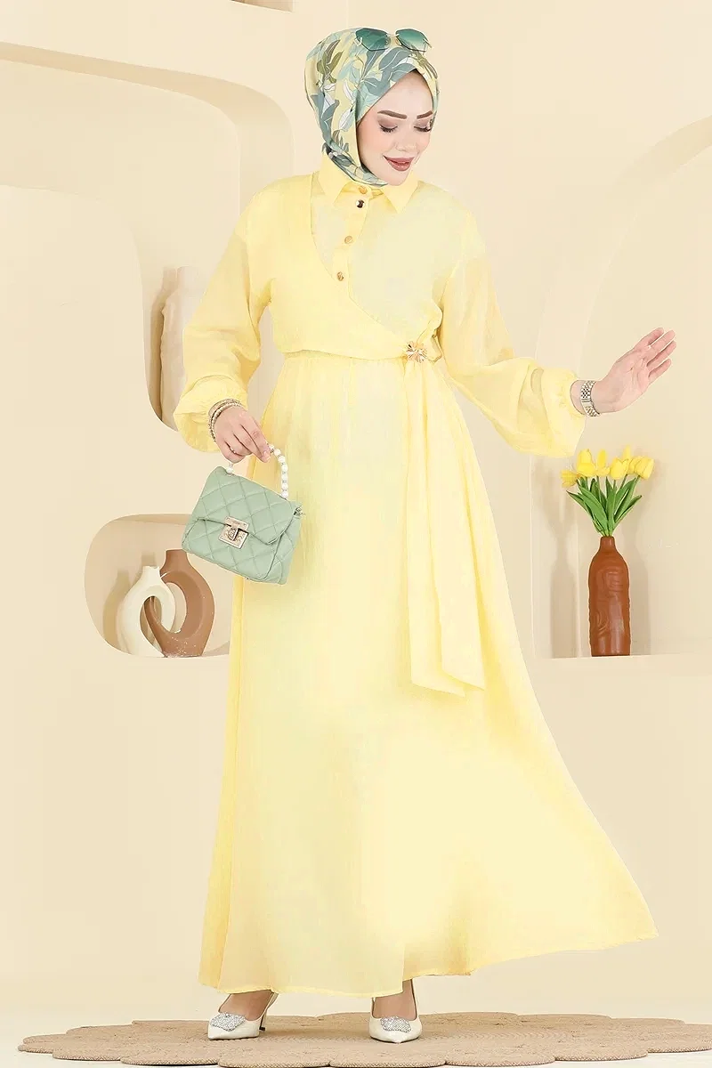 moda selvim الفستان أصفر 001NZA1199 - Thumbnail