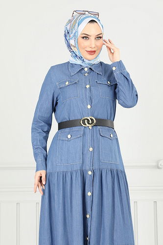 moda selvim الفستان جينز فاتح 0332MSA980 - Thumbnail