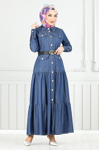 moda selvim الفستان جينز غامق 0332MSS941-M - Thumbnail