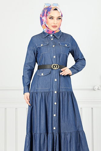 moda selvim الفستان جينز غامق 0332MSS941-M - Thumbnail