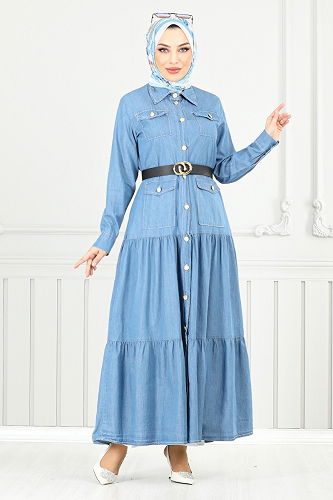 moda selvim الفستان جينز فاتح 0332MSS941-M - Thumbnail