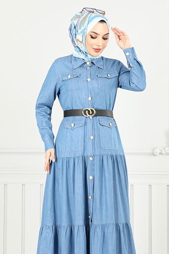 moda selvim الفستان جينز فاتح 0332MSS941-M - Thumbnail