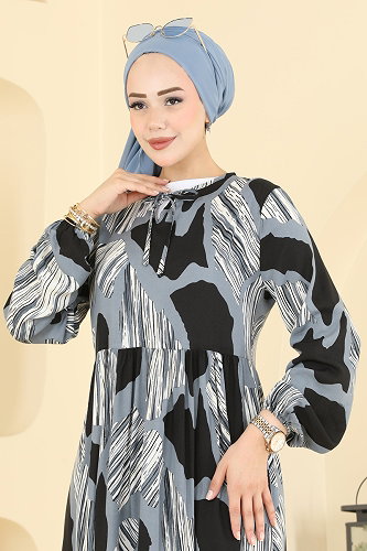 moda selvim Dress 036MR1078 Pattern 5 Gray & Black - Thumbnail
