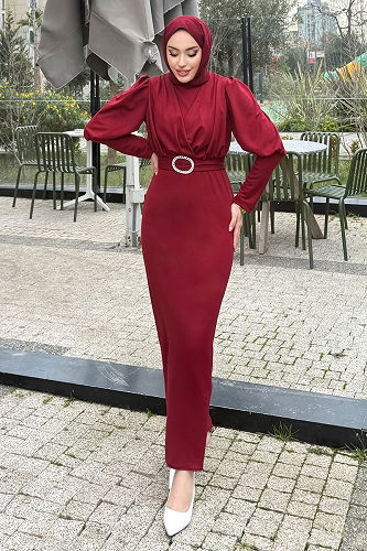moda selvim Dress 0414ALGK1170 Burgundy - Thumbnail