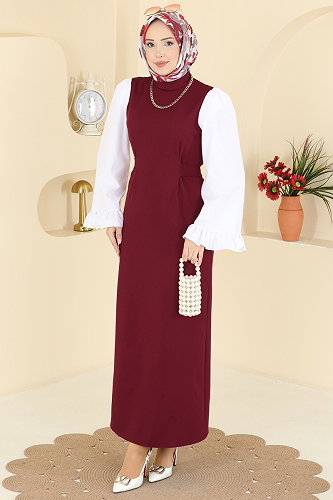 moda selvim Dress 0418ALGK1170 Burgundy - Thumbnail