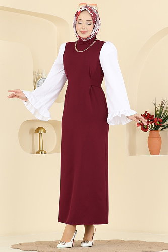 moda selvim Dress 0418ALGK1170 Burgundy - Thumbnail