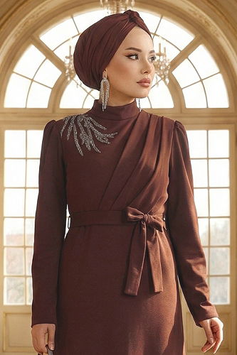 moda selvim الفستان بني 0846LVA1173 - Thumbnail