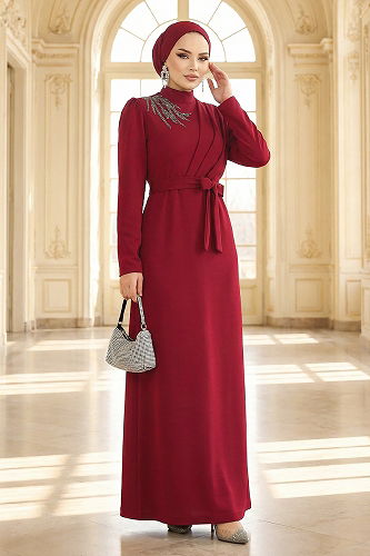 moda selvim الفستان خمري 0846LVA1173 - Thumbnail