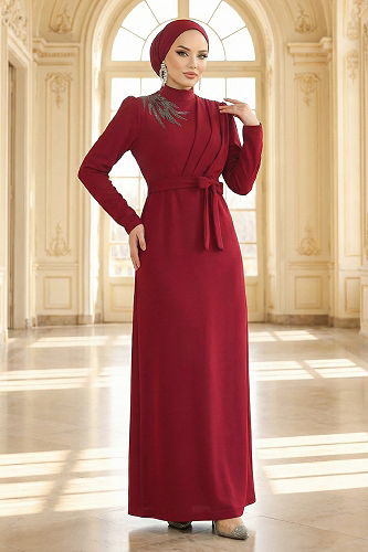 moda selvim الفستان خمري 0846LVA1173 - Thumbnail