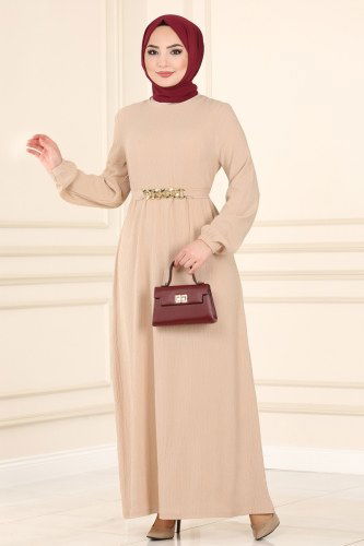 moda selvim Dress 1002YNS793 Stone - Thumbnail