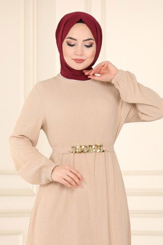moda selvim Dress 1002YNS793 Stone - Thumbnail