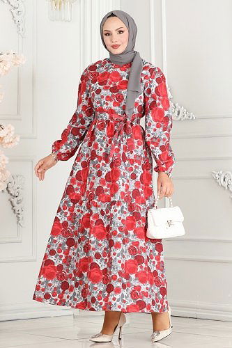 moda selvim Dress 10067ETT926 Burgundy&Ecru - Thumbnail