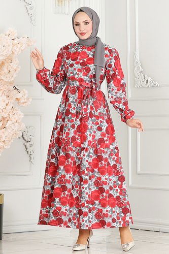 moda selvim Dress 10067ETT926 Burgundy&Ecru - Thumbnail