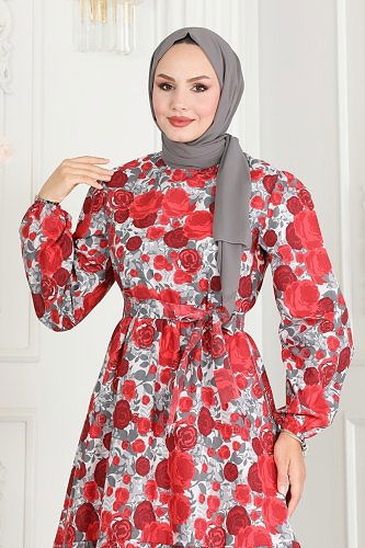 moda selvim الفستان خمري و سكري 10067ETT926 - Thumbnail