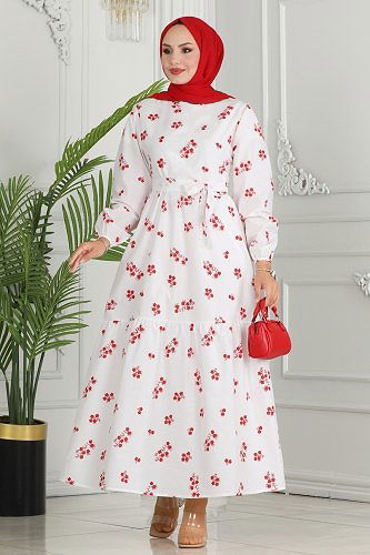 moda selvim Dress 10067ETT926 Ecru&Red - Thumbnail