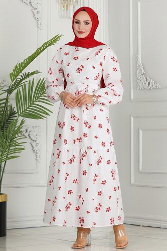 moda selvim Dress 10067ETT926 Ecru&Red - Thumbnail