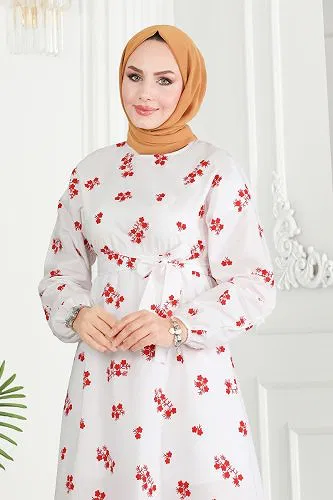 moda selvim Dress 10068ETT926 Red&Ecru - Thumbnail