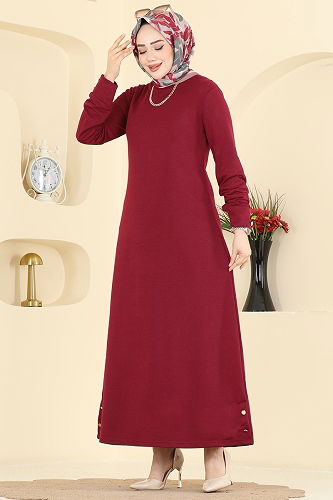 moda selvim Dress 1009ETT926 Burgundy - Thumbnail