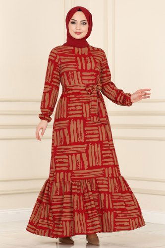 moda selvim Dress 1011MRT754 Pattern 1 Claret Red - Thumbnail