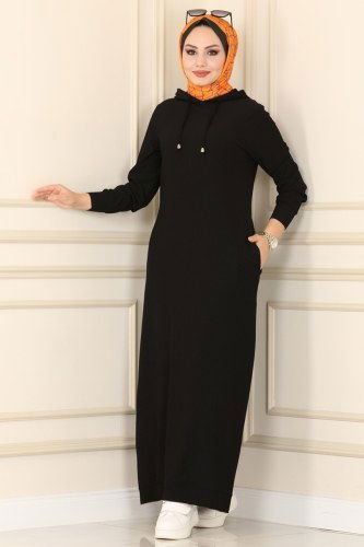 moda selvim 1013YNS793 اسود فستان - Thumbnail