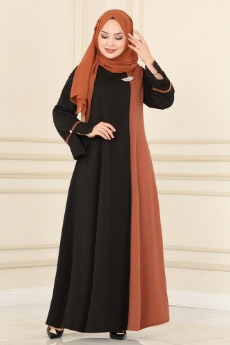 moda selvim 103YNS793 بلاك اند بسكويت فستان - Thumbnail
