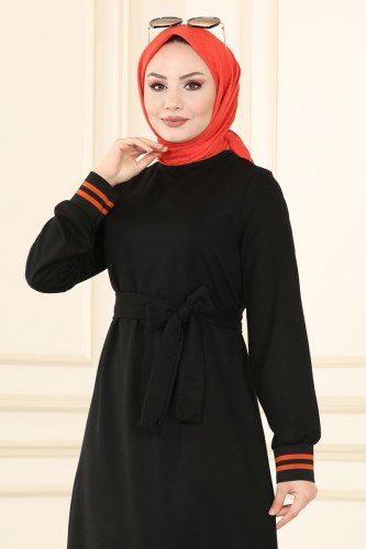 moda selvim Dress 1042MRT754 Black&Orange - Thumbnail