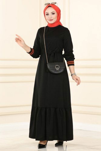 moda selvim 1042MRT754 اسود و برتقالي فستان - Thumbnail