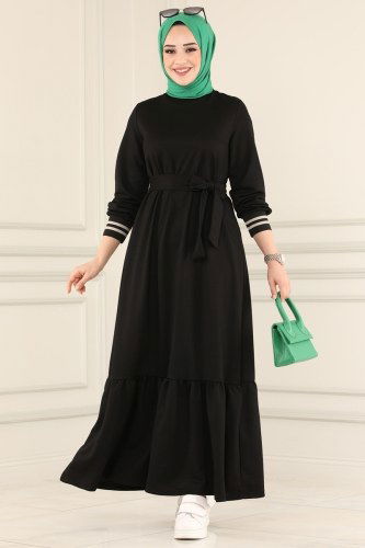 moda selvim 1042MRT754 لون أسود مع فيزيون فستان - Thumbnail