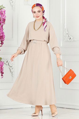 moda selvim 106MP806 قمحي فستان - Thumbnail