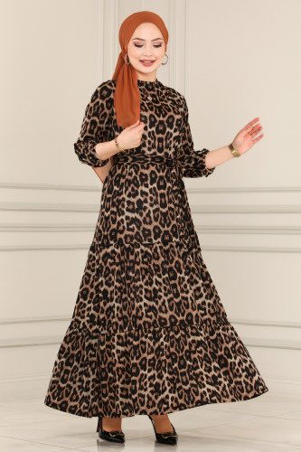 moda selvim 107MRT754 نمط النمر فستان - Thumbnail