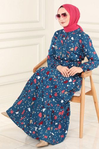 moda selvim Dress 1092BG354 Indigo - Thumbnail
