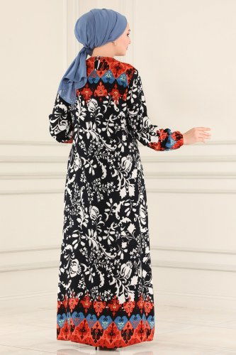 moda selvim Dress 1103BG354 Navy Blue&Brick - Thumbnail