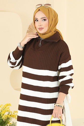 moda selvim الفستان بني 11042BRZ597 - Thumbnail