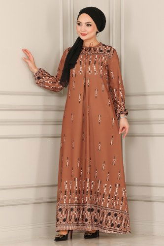 moda selvim Dress 1113BG354 Tan - Thumbnail