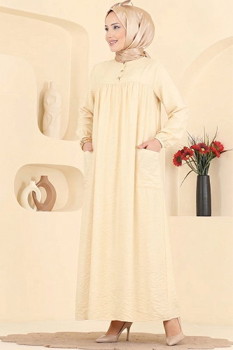 moda selvim الفستان كريمي 112NZRK1200 - Thumbnail