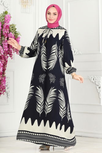 moda selvim DRESS 1136BG354 Navy Blue&Ecru - Thumbnail