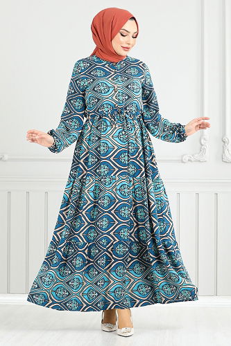 moda selvim Dress 1137BGS895-M Indigo - Thumbnail