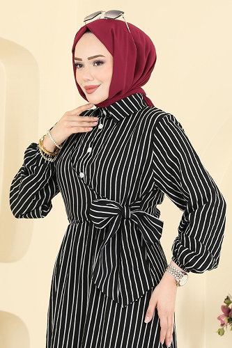 moda selvim الفستان أسود 120NZRK1200 - Thumbnail