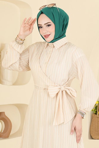 moda selvim الفستان بيج 120NZRK1200 - Thumbnail